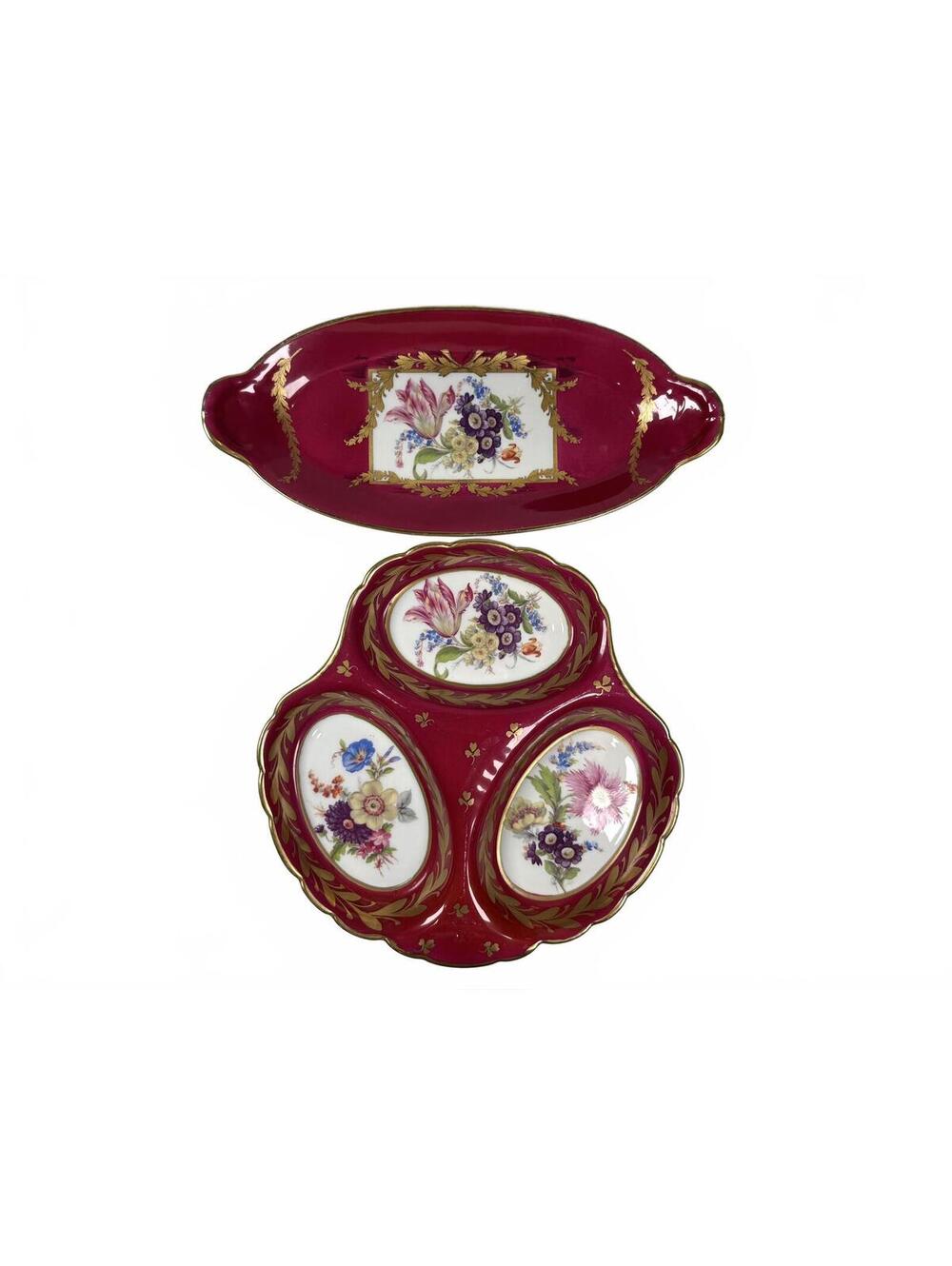 Limoges France Ruby Gilt Floral Porcelain Trefoil Dish & Oval Tray Serving Set
